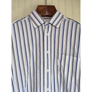 Faconnable Dress‎ Shirt Mens 17 34/35 Blue Gray Stripe 100% Cotton Made In USA